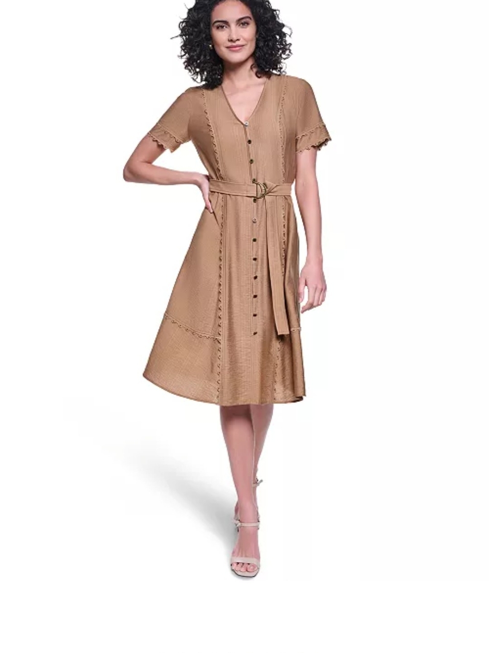 Karl Lagerfeld Belted And Buttoned Tan Dress